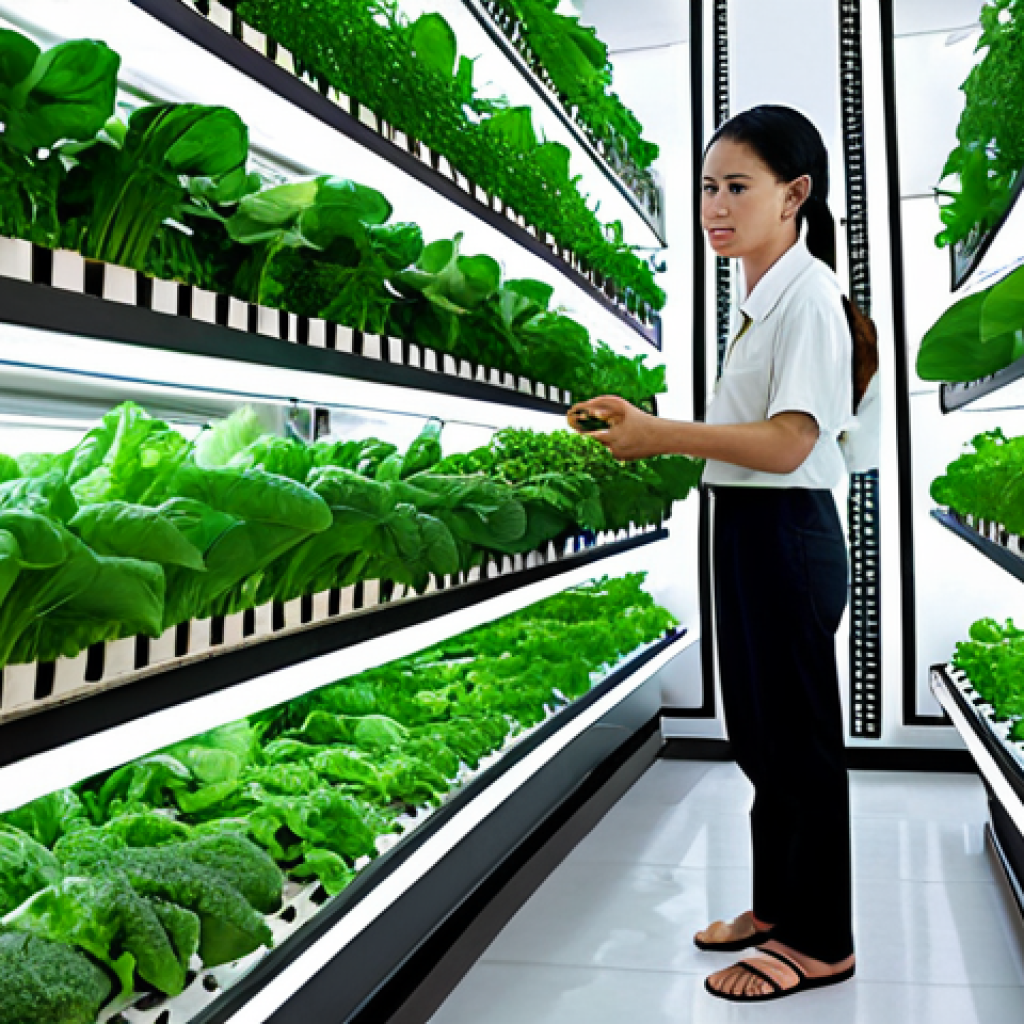 **Prompt:** A vibrant vertical farm in Bangkok, Thailand, showcasing lush green vegetables growing indoors. Emphasize advanced lighting systems, hydroponics, and a futuristic, clean aesthetic. Incorporate elements of Thai design and show people (maybe a farmer) tending to the crops. The overall feeling should be optimistic and highlight the potential of urban farming.