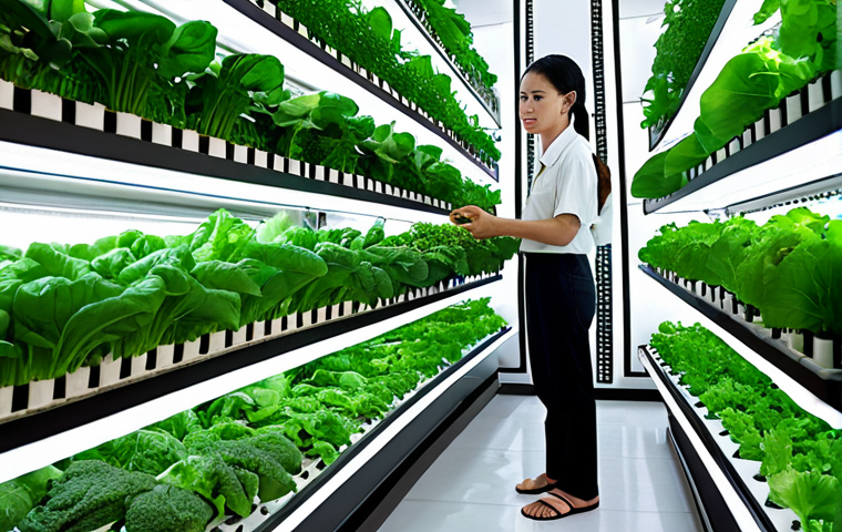 **Prompt:** A vibrant vertical farm in Bangkok, Thailand, showcasing lush green vegetables growing indoors. Emphasize advanced lighting systems, hydroponics, and a futuristic, clean aesthetic. Incorporate elements of Thai design and show people (maybe a farmer) tending to the crops. The overall feeling should be optimistic and highlight the potential of urban farming.