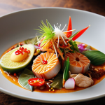 **Prompt:** A brightly lit, visually appealing photo of a meticulously plated Thai dish. The dish should showcase modern food presentation techniques with vibrant colors and artistic arrangement. Capture a close-up shot that highlights the detail of the dish, making it look appetizing and Instagram-worthy.