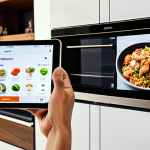**Prompt:** A modern, bright kitchen showcasing a smart refrigerator displaying internal food inventory on its screen, alongside a smart oven with a tablet interface displaying cooking progress. In the background, a person is relaxed on a sofa, remotely controlling the oven. The scene emphasizes convenience and a technologically advanced lifestyle, appealing to Thai consumers.