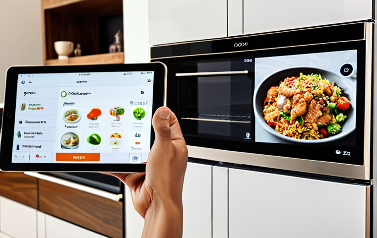 **Prompt:** A modern, bright kitchen showcasing a smart refrigerator displaying internal food inventory on its screen, alongside a smart oven with a tablet interface displaying cooking progress. In the background, a person is relaxed on a sofa, remotely controlling the oven. The scene emphasizes convenience and a technologically advanced lifestyle, appealing to Thai consumers.
