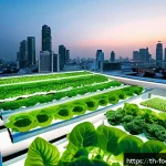 푸드테크와 도시 농업의 관계 - A modern vertical farm rooftop in Bangkok, showcasing multiple layers of lush green leafy vegetables...