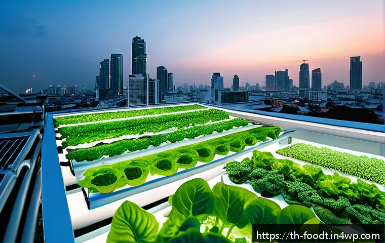 푸드테크와 도시 농업의 관계 - A modern vertical farm rooftop in Bangkok, showcasing multiple layers of lush green leafy vegetables...