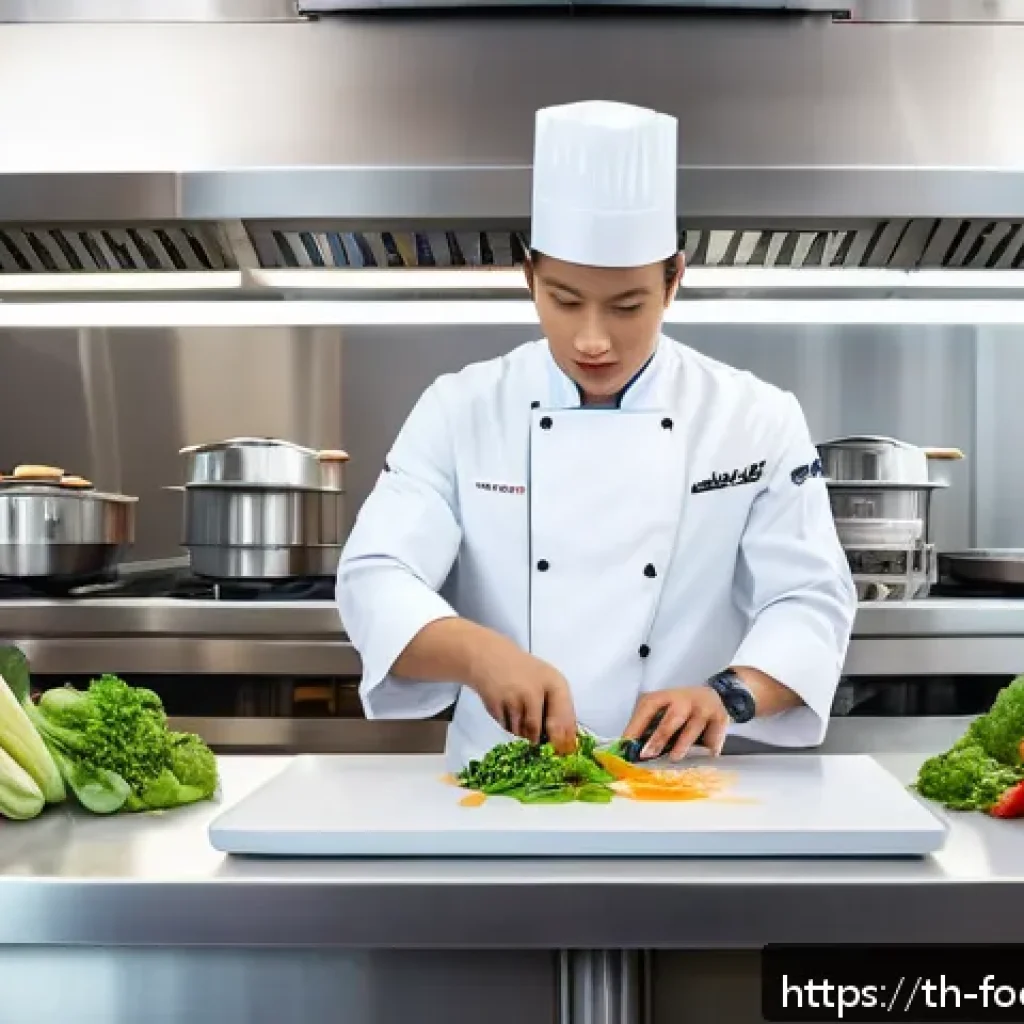푸드테크의 새로운 시장 트렌드 - A modern Thai kitchen scene featuring a humanoid robot chef skillfully chopping fresh vegetables and...