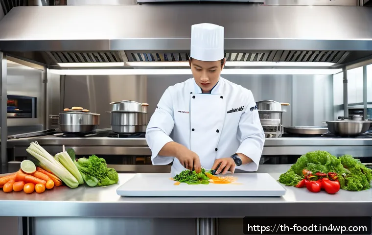 푸드테크의 새로운 시장 트렌드 - A modern Thai kitchen scene featuring a humanoid robot chef skillfully chopping fresh vegetables and...