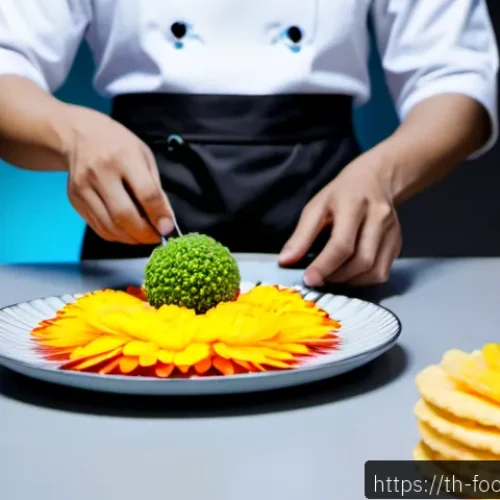 Home 13 푸드테크와 패션 푸드의 연관성 - Photorealistic Bangkok food-tech innovation studio, a Thai chef in a clean modern apron arranging vi...