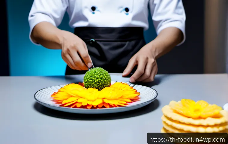 푸드테크와 패션 푸드의 연관성 - Photorealistic Bangkok food-tech innovation studio, a Thai chef in a clean modern apron arranging vi...