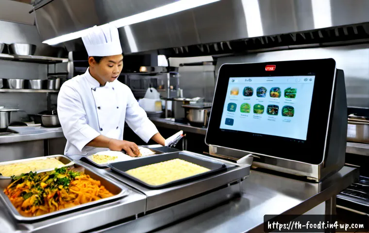 Home 30 푸드테크 혁신이 요식업계에 미치는 영향 - Photorealistic modern Thai restaurant kitchen showing food technology innovation: a chef in clean un...