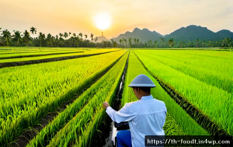 Home 17 푸드테크와 농업 혁신의 미래 - Photorealistic wide-angle view of a modern smart rice farm in rural Thailand at sunrise, a Thai farm...
