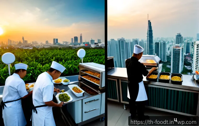 Home 23 푸드테크 시장에서의 경쟁 분석 - Photorealistic modern food technology competition scene in Bangkok, Thailand, split-composition view...